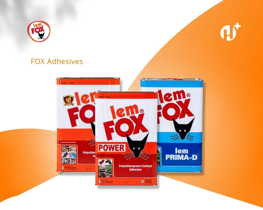 Tiga kaleng lem Fox — Power, Prima-D, dan lem Fox kuning, contact adhesive polychloroprene